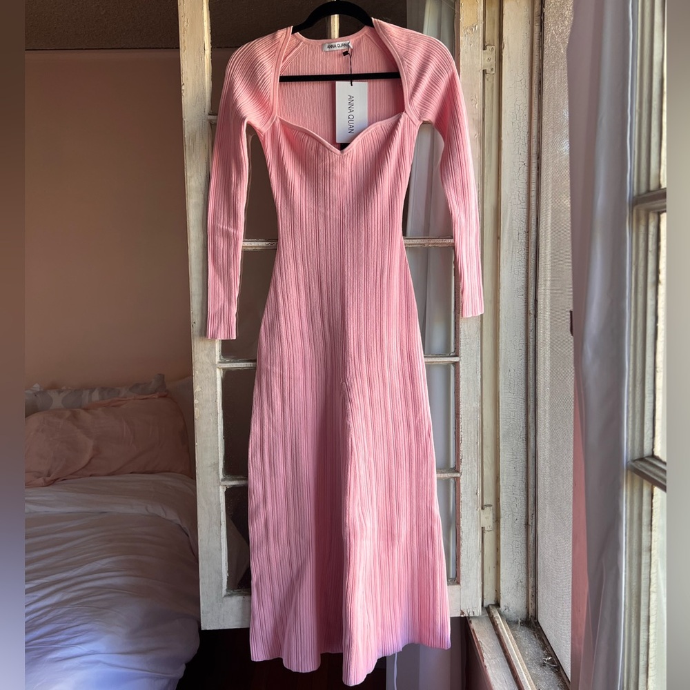Anna Quan Charli Long Sleeve Cotton Blend Ribbed Cherry Blossom Pink Midi Dress